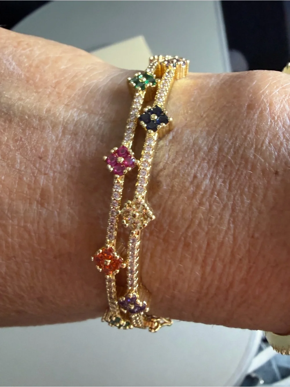Freida Rothman Gold Multicolor Flower Station Bangle Bracelet - Women's New